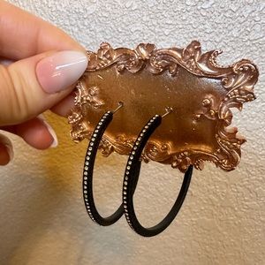 👒 Vintage Brighton Hoop Earrings; Black & Silver, Rhinestones. Early 2000s.